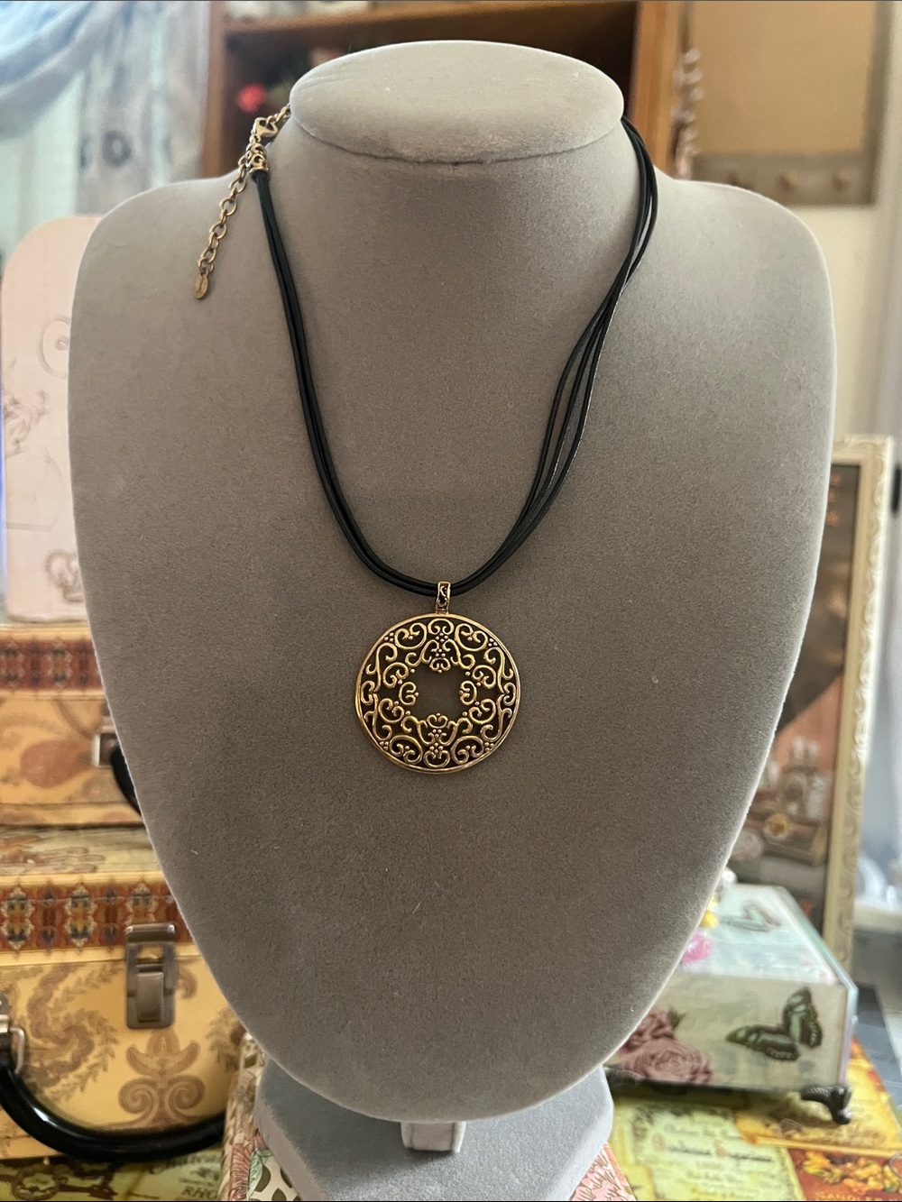 Monet Black Multi-Strand Cord Necklace with Gold Filigree Pendant